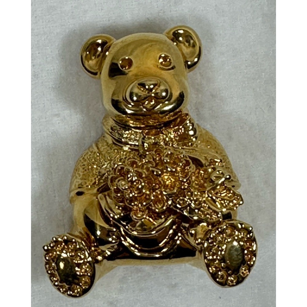 St. John Gold Tone Teddy Bear Pin Brooch Christmas Holly Pine Cones Signed 1.75"